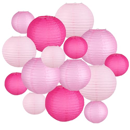 Image of KAXIXI 15 Pcs Pink Paper Lanterns - 6 8 10 Inch Rose Red Light Pink Gradient Hanging Decor for Mother