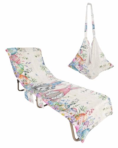 Easter Gnomes Egg Beach Chair Towel Covers for Chaise Lounge With Side Pocket, Soft Plush Pool Towels Cover for Patio Sunbathing Outdoor 29''x85'' Vintage Flower Eucalyptus Leaves Herb