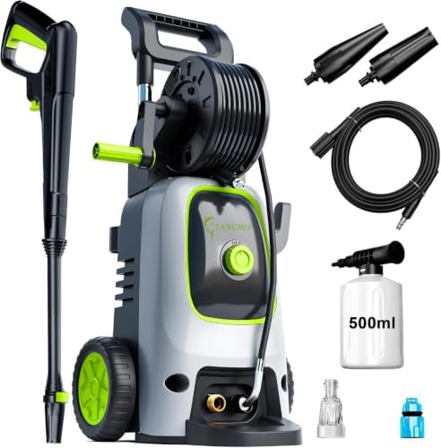 LANCHEZ Hochdruckreiniger mit 7‑in‑1 Komplett‑Zubehör‑Set,600 l/h 200bar,500ml Schaumsprüher, Schnellkupplungen, Schnellanschlussdüsen, für Auto, Terrasse,Grün