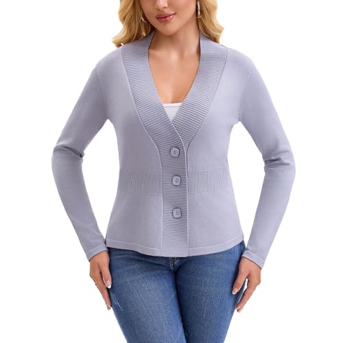 Women's V-Neck Button Front Cardigan, Long Sleeve Fitted Ribbed Knit Fall Winter Sweater