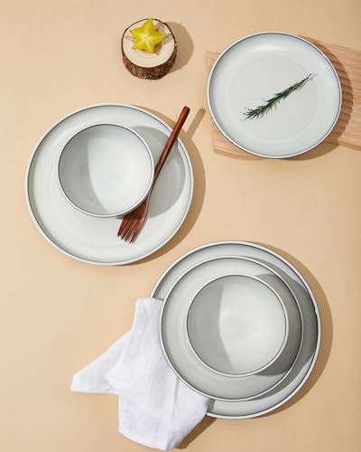 Image of Pokini 24 Piece Stoneware Dinnerware Set for 8, Moonstone White Plates and Bowls Set, Reactive Glaze Ceramic Dish Set, Durable & Chip Resistant, Modern Rustic Look, Microwave & Dishwasher Safe