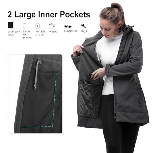 33,000ft Softshelljacke Damen Lange Übergangsjacke Wasserdicht Winddicht Softshellmantel Windbreaker Atmungsaktiv Wanderjacke Outdoor Mantel mit Abnehmbarer Kapuze Dunkelgrau, 40