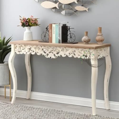 Image of Wooden Carved Console Table in Solid Mango Wood with Antique White Distress Finish for livingroom, Hall, enterway, Office (Large 4ft)