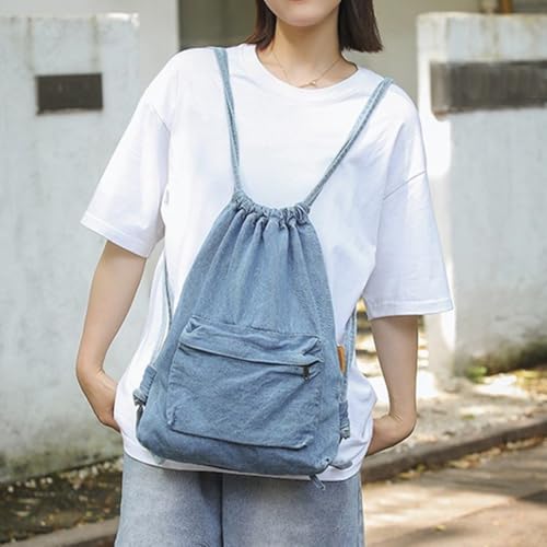Sac à dos en denim à cordon de serrage grand format style universitaire pour cours et loisirs