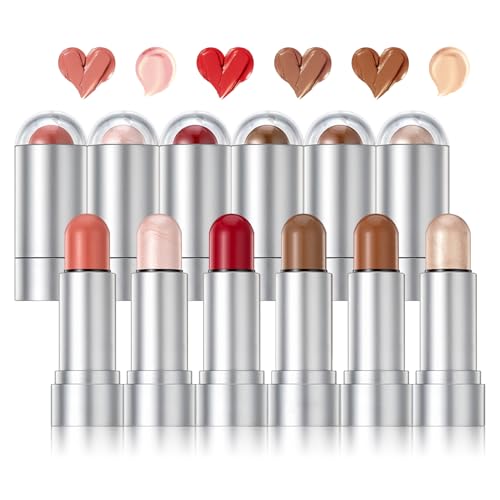 6 Colors Blush Stick,Solid Cream Blush,Multi-Use Highlighter Blush Stick for Cheeks,Lips and Eye,High Pigmented Blush Makeup Stick Set E