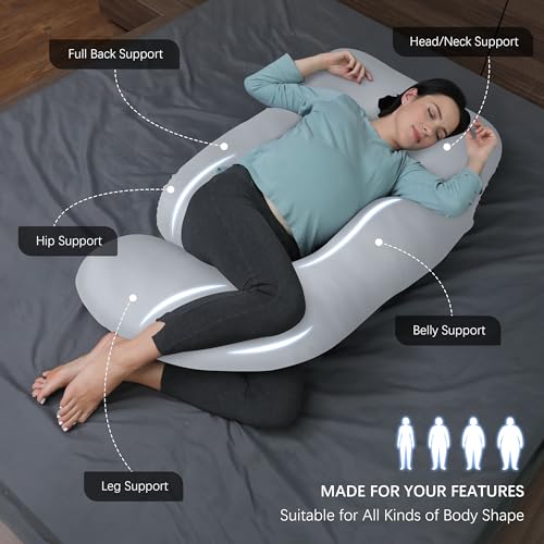 Image of MOON PARK Pregnancy Pillows for Sleeping - U Shaped Full Body Maternity Pillow with Removable Cover - Support for Back, Legs, Belly, HIPS - 65 Inch - Light Grey - Cooling Cover