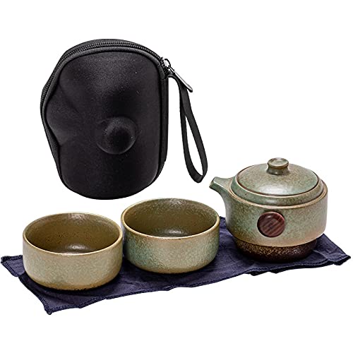 Ceramiczny Zestaw Do Herbaty | Czarno-zielona podróż: chińska ceramika 1 garnek 2 filiżanki z torbą do przechowywania(Green)