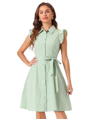 Image of Allegra K Women's Ruffled Sleeve Casual Office Dress Tie Waist Button Down Cotton Shirt Dresses