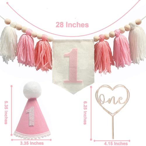Image of First Birthday Party Decorations Pink Highchair Wood Bead Tassel Garland 1st Birthday Crown Cake Topper