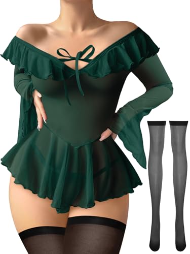 Image of Foxiny Sheer Ruffle Long Sleeve Babydoll Lingerie Dress | Off-shoulder neckline, flared cuffs and a flounce hem add movement; thong and thigh-high stockings complete the 3-piece set