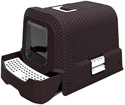 Purrshire Modern Pet Litter Box - Rattan Style Design - Convenient Handle On Top - Transparent Door - Heavy Duty Polypropylene (Brown)