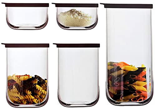 TechAffect Lot de 5 bocaux de rangement en verre avec couvercles hermétiques en 3 tailles différentes (1 grand, 2 moyens, parfaits pour le stockage des pâtes, du riz et comme bocaux de cuisine Cover