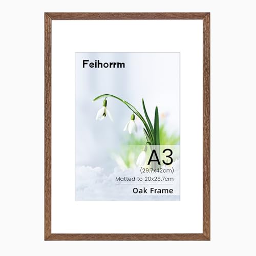 Image of A3 Picture Frame, Solid Oak Wood A3(30x42 cm Photo Frame, A3 Frame with Mount for A4(21x29.7 cm), Wall Mounting A3 Poster Documents Certificate Frame with Tempered Glass for Home Family Office