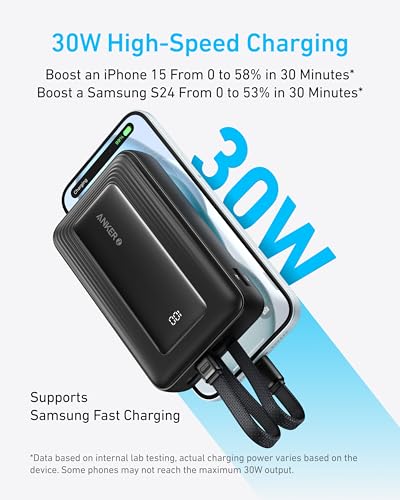 Image of Anker Zolo Power Bank, 10,000mAh 30W Max Fast Portable Charger with Built-in USB-C and MFi Certified Lightning Cables, USB-C&A, Battery Pack for iPhone 16 /15 Series, MacBook, Galaxy