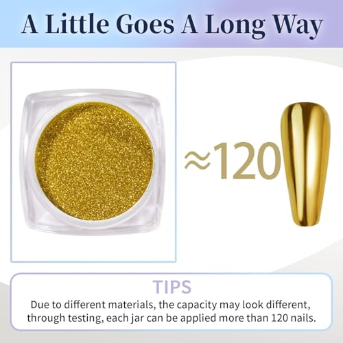 Pretty Diva Gold Chrome Nail Powder, Gold Chrome Powder for Nails Mirror Nail Chrome Powders for Gel Polish, Metallic Chrome Powder Glitter Pigment Nail Decoration for DIY Nail Art