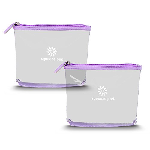 Squeeze Pod TSA Approved Clear Toiletry Bag, Small Quart Size Carry On Bag for Travel Size Toiletries & Cosmetics - Durable PVC Plastic with Heavy Duty Zipper, Purple Trim, Pack of 2 (CTBPP)