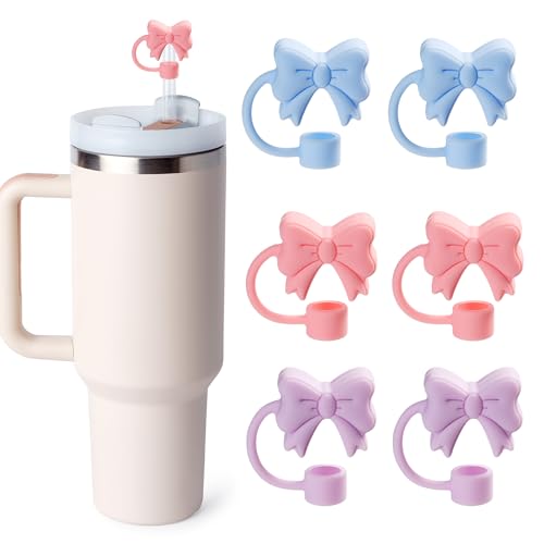 6PCS Bow Straw Toppers, Cute Straws Covers for Stanley 30&40 Oz Tumbler with Handle, 10mm Dust-Proof Drinking Straw Dispensers Straw Topper Cap for Girls Kids (Pink Blue Purple)