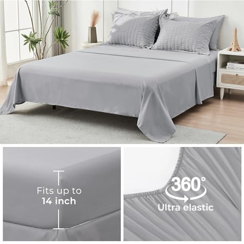 Image of HYMOKEGE Light Grey Oversized King Comforter Set Seersucker 7 Pieces, All Season Luxury Bed in a Bag for Bedroom, Bedding Set with Comforter, Sheets, Pillowcases & Shams