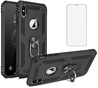Phone Case for iPhone Xs Max with Tempered Glass Screen Protector Magnetic Stand Ring Holder Accessories Heavy Duty Rugged Protective Shockproof Hard Bumper i Xsmax X Max SX 10xs 10 Plus Black