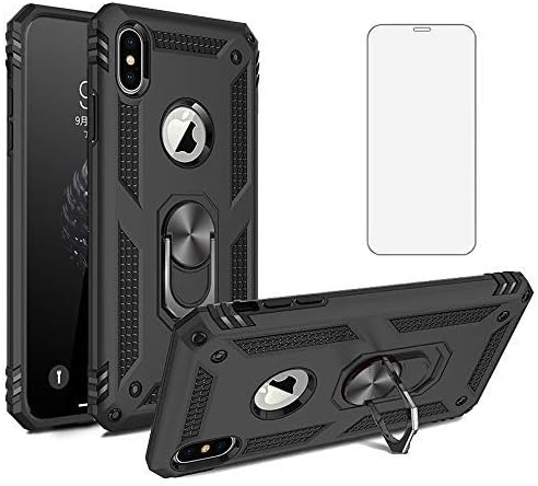 Phone Case for iPhone Xs Max with Tempered Glass Screen Protector Magnetic Stand Ring Holder Accessories Heavy Duty Rugged Protective Shockproof Hard Bumper i Xsmax X Max SX 10xs 10 Plus Black