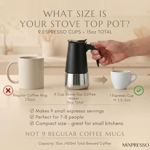 Image of Mixpresso 9 Cup Greca Moka Pot, Stainless Steel Stovetop Espresso Maker | 450ml /15oz Italian stovetop coffee maker with classic percolator design, ideal for preparing coffee at home or while camping