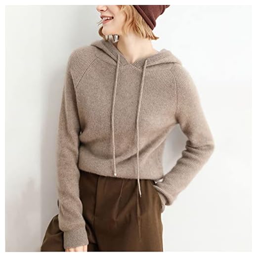 Suéter feminino de malha de cor sólida, suéter 100% cashmere com capuz, moletons com capuz, blusas femininas, suéter curto com capuz solto, estilo preguiçoso (Color : Brown, Size : Medium)
