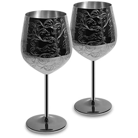 SKYFISH Stainless Steel Wine Glasses, Red Wine Goblets Set of 2, Black Plated and Etched with Intricate and Authentic Baroque Engravings, Royal Style Wine Cups,17oz (Handwash only!) Cover