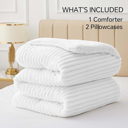 BEDELITE Fleece California King Comforter Set -Super Soft & Warm Fluffy Bright White Bedding, Luxury Fuzzy Heavy Bed Set for Winter with 2 Pillow Cases