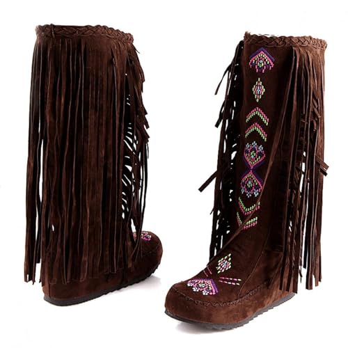 BORAMAX Women's Fringe Western Boots, Suede Embroidered Closure Fringe Mid Calf Knee High Flat Boots Long Snow Tassel Boots