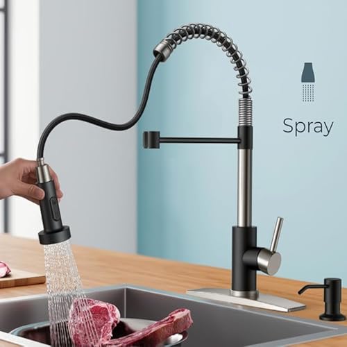 Smart Touch On Kitchen Faucet, 3 Modes Pull Down Sprayer, Sensor Activated, Ceramic Disc Valve, 360-Degree Rotation, 1 or 3 Hole Deck Plate. 10-Year Warranty. (KW-62NR, Brushed Nickel/Black)