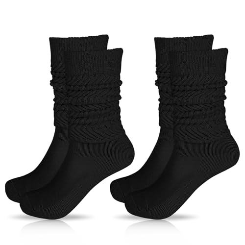 2 Pairs Women's Slouch Socks Warm Scrunchie Socks Heavy Knitted Boot Sock Extra Long Stacked Socks Size 9 to 11 (Black)