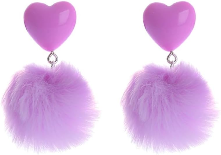 Heart Pom Pom Earrings Colorful Faux Fur Fluffy Pom Earrings Heart Pom Pom Ball Dangle Drop Earrings Love Heart Pom Pom Stud Earrings Valentine's Day Jewerly