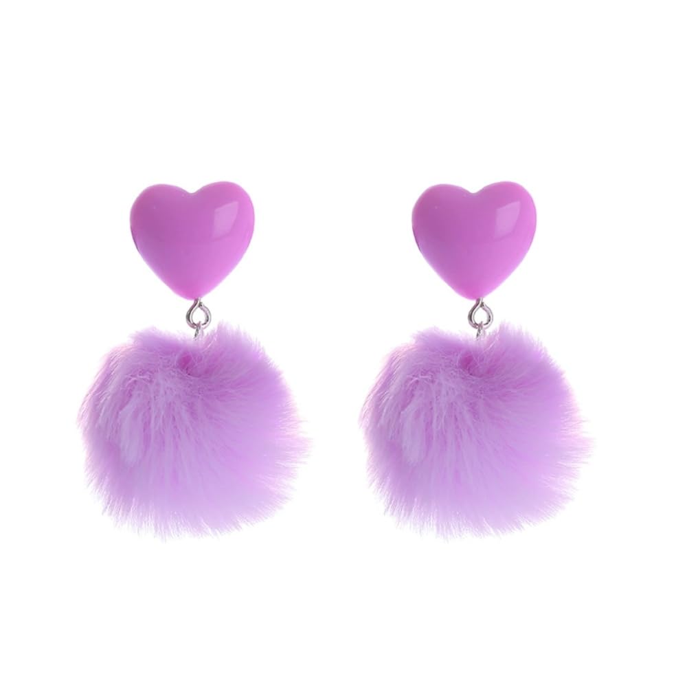 Heart Pom Pom Earrings Colorful Faux Fur Fluffy Pom Earrings Heart Pom Pom Ball Dangle Drop Earrings Love Heart Pom Pom Stud Earrings Valentine's Day Jewerly