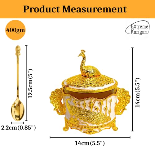 Image of Premium Decorative Peacock Design Sugar Pot | Jar with Spoon | Gold-Plated, White Enamel | Embossed Peacock Glass Container for Home Decor, Kitchen & Gifting