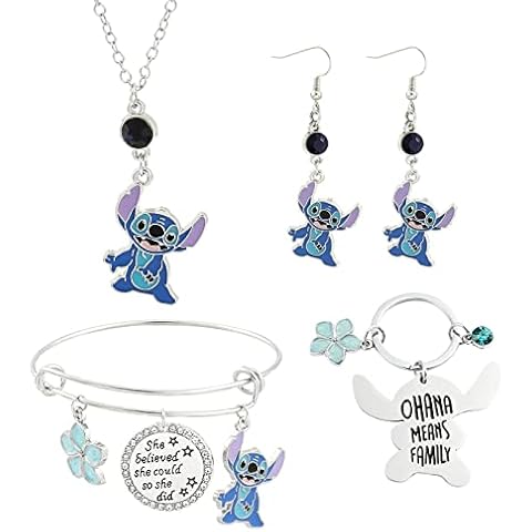 Anime Stitch Ohana Angel Necklace - Cartoon Environmental Zinc Alloy Birthstone Pendants, Ohana Jewelry Gifts for Girls Lover Gifts Stitch Fans Gifts for Women, Alloy, No Gemstone Cover