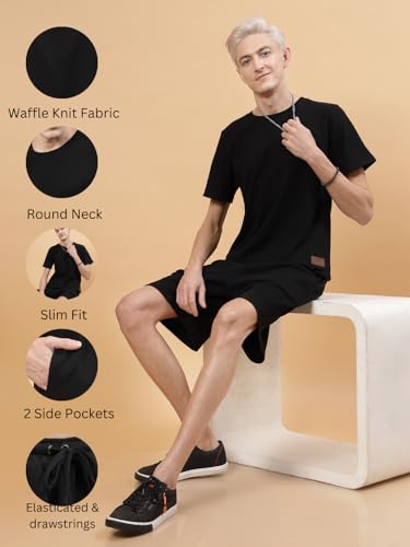 Image of Rigo Cotton Blend Waffle Knit Self Textured Co-Ord Set For Men's|Night Suit Set|Lounge-Wear Pajama Set|Night Wear, Beach Wear, Vacation Wear