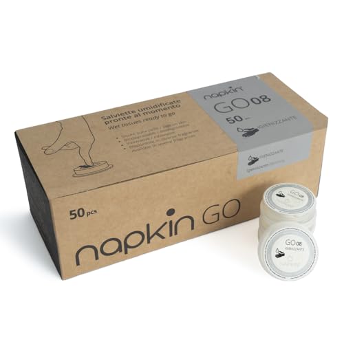 Paquete de 50 toallitas compactas higienizantes portátiles en capsula listas para usar, NAPKIN GO 08 con agente antibacteriano (Clorhezidina). Biodegradables, hipoalergénicas, para piel sensible.