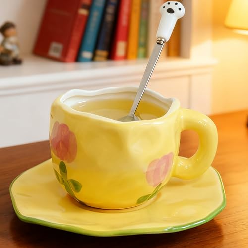 Disoza Coffee Mugs Set with Saucer Cute Yellow Tulip Cup Gifts Tea Coffee Mug 250 ML Ceramic Flowers Cup Birthday Gift for Women Girls Mom Friend Coffee Mug