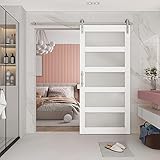 BARNSMITH 36in x 84in Glass Barn Door with 6.6FT Brushed Nickle Sliding Door Hardware Kit included & Handle,5-Panel Frosted Glass Solid Wood Water-Proof PVC Surface,Pre-Drilled Easy Assembly,White