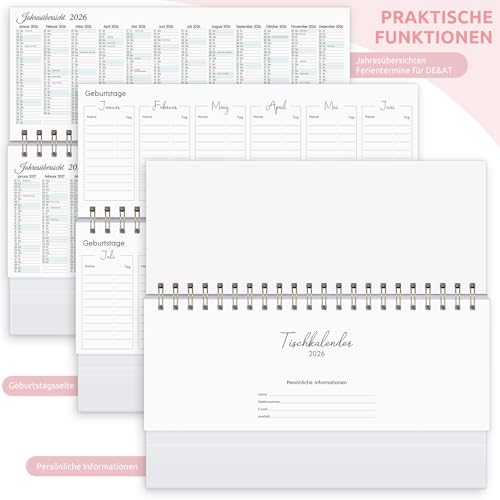 KONVINIT Tischkalender 2026 Quer,Kalender Tisch Blumen Wochenkalender/Tischplaner,1 Woche 2 Seiten,Stehkalender für Schule Büro Zuhause,Schreibtischkalender zum Aufstellen