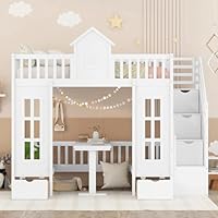MERITLINE Twin Over Twin Castle House Loft Bed with Stairs and Storage Drawers,Solid Wood Princess Convertible Bunk Bed with Desk and Seat (White (Convertible))
