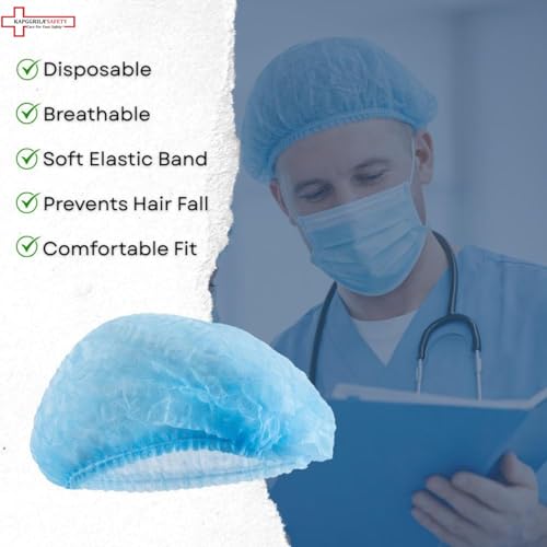 Image of KAUSTA Disposable Bouffant caps /Surgical Caps /Cooking Caps /Surgical Head Caps /Non Woven Head Caps, Pack Of 100pcs (18 inch) Medical Use Disposable Bouffant Caps Stretchable Hair Cover