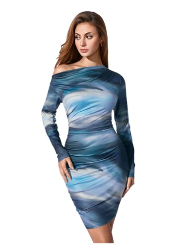 Image of RoseSeek Women's Off Shoulder Ombre Tie Dye Bodycon Dress Long Sleeve Slim Fit Pencil Mini Dresses