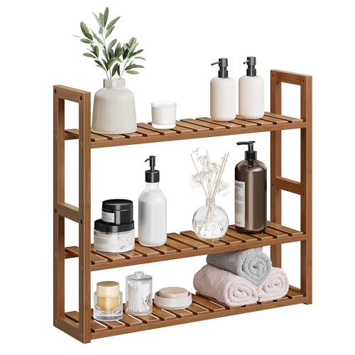 SONGMICS Mensole da Bagno, Scaffale da Bagno con 3 Ripiani Regolabili in Bambù, da Parete o da Terra, Porta Piante, per Soggiorno Balcone Cucina, 15 x 60 x 54 cm, Marrone Caffè BCB013K01