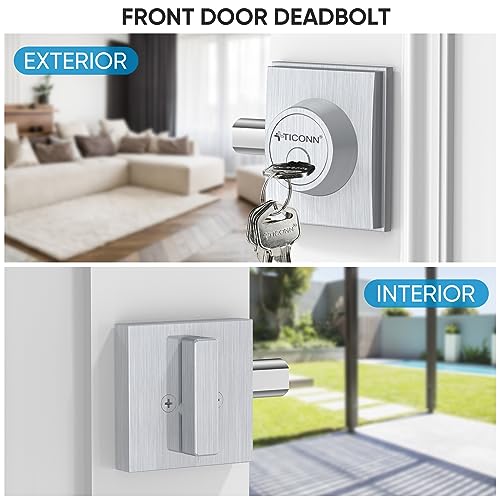 Image of TICONN Front Door Handle Set, Heavy Duty Square Door Lever & Single Cylinder Deadbolt Combo Reversible for Entrance Exterior Doors (Deadbolt Only)