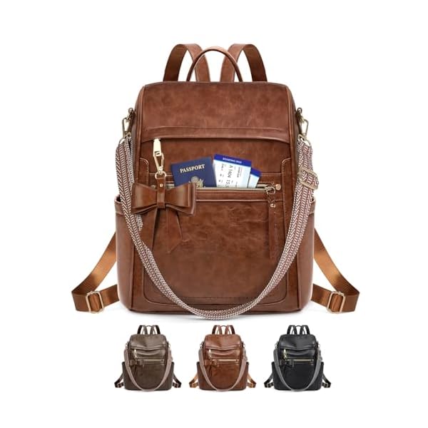 RAINSMORE Backpack Purse for Women, Waterproof Leather Backpack Purse Lightweight Travel Fashion Backpack Convertible Designer Ladies Shoulder Bag with Bow, Brown