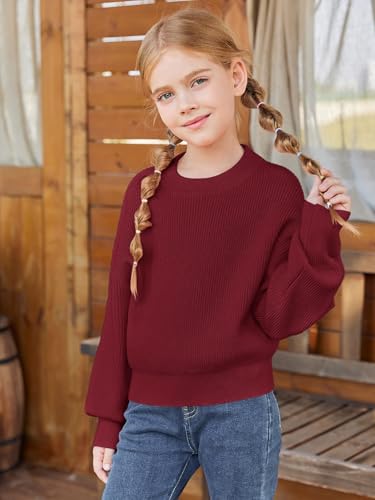 Haloumoning Girls Knit Pullover Sweaters Mock Neck Long Lantern Sleeve Jumper Tops 5-14 Years2