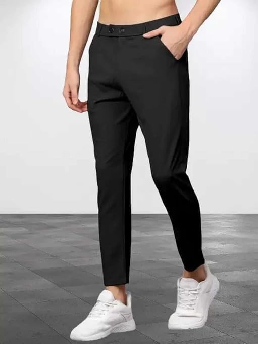 Image of Men Slim Fit Formal Trousers | Stylish Ankle Length Stretchable Office Pants | Men's Comfortable Slim Fit Trousers Combo Pack of 3
