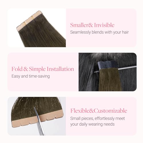 Image of GOO GOO Tape in Hair Extensions, Soft Skin Weft Seamless, Remy Human Hair | Mini Tape Cut to Fit, Easy Install, 18 Inch 40g 10PCS, 3 /8 /613 Balayage Walnut Brown to Ash Brown and Bleach Blonde
