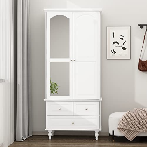 Hitow 2 Door Wardrobe Armoire Closet with Mirror, Retro Wardrobe Cabinet with 3 Drawers & Hanging Rod, Bedroom Armoire Dresser Wardrobe Clothes Organizer, White Type B (31.5´´ W x 19.7´´ D x 70.9´´ H)